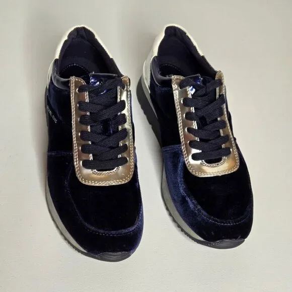 Michael Kors Allie Trainer Admiral Blue Velvet Silver Logo Sneaker Shoes Sz 7.5 - Picture 5 of 9